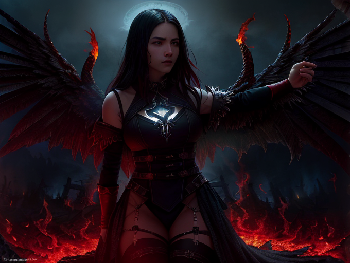 A woman in a black dress with wings and a sword - SeaArt AI