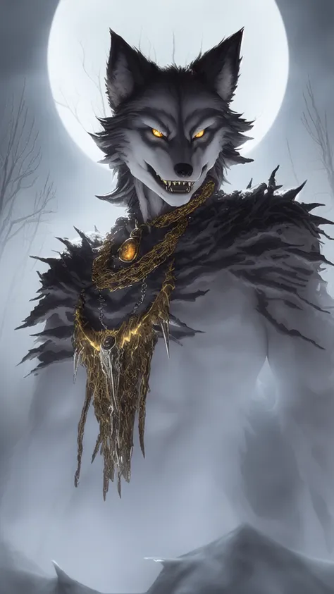 (werewolf:1.2), snow, snowing, (ice), icicles, frozen, chilling, chilled, ominous, horror, creepy, tall, wearing body armor made of human bones, (skull:0.9), (ribcage:1.2), piercings, fur details, fur pattern, (lightning strike), (lightning), storm, cloudy sky, backlighting, forest, nighttime, mist, fog, full moon, detailed claws, glowing, ominous aura Halo, jewelry, necklace, gold chains, (gold spikes), (fangs), smile, snarl, punk, wild hair, detailed eyes, distinct pupils, masterpiece, best quality, intricate detail, absurdres