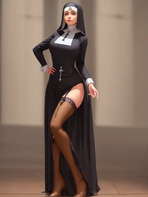 (modelshoot style), (from_bottom:1.3), (hand_on_hip:1.2), (Victorian nun:1.2), 30 year old, (beautiful Mexican female:1.4), kind smile, (a character portrait:1.2), art by artgerm and greg rutkowski and magali villeneuve, analog style, (mdjrny-v4 style), (large breasts:1.5), (full body image:1.4), 1890, Victorian age, best hands, dark red hair, (detailed eyes:1.2), warm lighting, rays of light coming through church window, (eyes in sharp focus:1.2), (sharp focus:1.3), blue eyes, looking at viewer, (wide shot:1.5), covered chest, (laced thigh high boots with high heel:1.2), big butt, (Victorian nun clothing:1.4), (red rosary beads hanging around her waist:1.4),  (conservative clothing:1.2), thick thighs, hourglass figure, (dark tan skin:1.4), (wide hips:1.2) (long nun clothing:1.2),