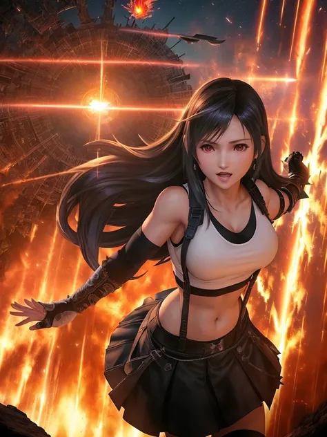 <lora:tifaMeenow_tifaV1:0.5>, corneo_tifa_classic, (8k uhd, RAW photo, landscape, best quality, masterpiece), (realistic, high resolution), physically, ((focus on solo stunningly beautiful detailed tifa_lockhart:1.5) wearing (black skirt, black suspender, black elbow gloves, white taut shirt, shiny skin:1.2), out-flew (Millions of thunderbolts:1.3) drawn from the thighs Of (mighty Cherubim:1.3) ((((the sudden (blaze) Far round illuminated hell)))) highly they (raged) Against the Highest and ((fierce)) (((with grasped Arms Clashed on their sounding Shields the din of (war)))) (((Hurling (defiance) toward the Vault of Heaven)))), outdoor, panoramic view, high detailed intricate environment, concept art, decay, ominous, grief, anger, rage, fury, ethereal, magical, fantasy, unreal, otherworldly, dreamlike, mystery, intricate illustration, art by Yoshitaka Amano and alphonse mucha and artgerm, lighting by Tetsuya Nomura, background by peter mohrbacher and Andrei Riabovitchev and Marc Simonetti and greg rutkowski and craig mullins and magali villeneuve, professional cinematic lighting