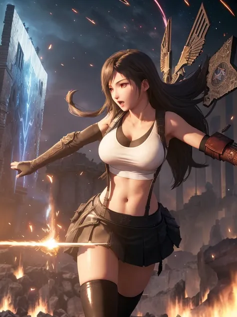 <lora:tifaMeenow_tifaV1:0.5>, corneo_tifa_classic, (8k uhd, RAW photo, landscape, best quality, masterpiece), (realistic, high resolution), physically, ((focus on solo stunningly beautiful detailed tifa_lockhart:1.5) wearing (black skirt, black suspender, black elbow gloves, white taut shirt, shiny skin:1.2), out-flew (Millions of thunderbolts:1.3) drawn from the thighs Of (mighty Cherubim:1.3) ((((the sudden (blaze) Far round illuminated hell)))) highly they (raged) Against the Highest and ((fierce)) (((with grasped Arms Clashed on their sounding Shields the din of (war)))) (((Hurling (defiance) toward the Vault of Heaven)))), outdoor, panoramic view, high detailed intricate environment, concept art, decay, ominous, grief, anger, rage, fury, ethereal, magical, fantasy, unreal, otherworldly, dreamlike, mystery, intricate illustration, art by Yoshitaka Amano and alphonse mucha and artgerm, lighting by Tetsuya Nomura, background by peter mohrbacher and Andrei Riabovitchev and Marc Simonetti and greg rutkowski and craig mullins and magali villeneuve, professional cinematic lighting