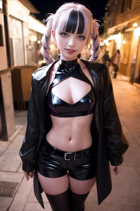 vampire <lora:nazunaNanakusaCallOfThe_offset:1> RAW photo of a 18 year old girl, walking down a dark alley, nanakusa nazuna, blue eyes, night city on the background, (black fabric jacket), belt on crop top, (tight crop top), (leather crop top), bare shoulders, black (loose shorts), in the center of the frame (small breasts), sleeveless turtleneck, cleavage cutout, clothing cutout, blunt bangs, two-tone hair , (gradient hair), grey hair, hair rings, light purple hair, looking at viewer, makeup, multicolored hair, red eyeshadow, sexy, leather black stockings, fangs, solo, slight smile, outdoors, 8k uhd, film grain, (night) , (PureErosFace_V1:0.15), 1girl, bangs, masterpiece, (photorealistic:1.4), best quality, shine on the skin