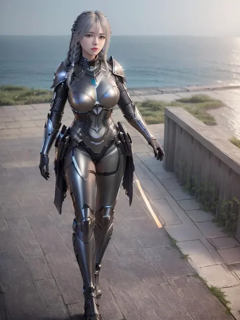 masterpiece, best quality, (photorealistic:1.9), beautiful lighting, (extremely detailed CG unity 4k fhd wallpaper), realistic, High Detail, Sharp focus, dramatic outdoors,
(((1girl, solo))), 14age, long hair, (grey hair), metal armored dress, braids, full body, hiqcgbody, power armor, 
pureerosface_v1,