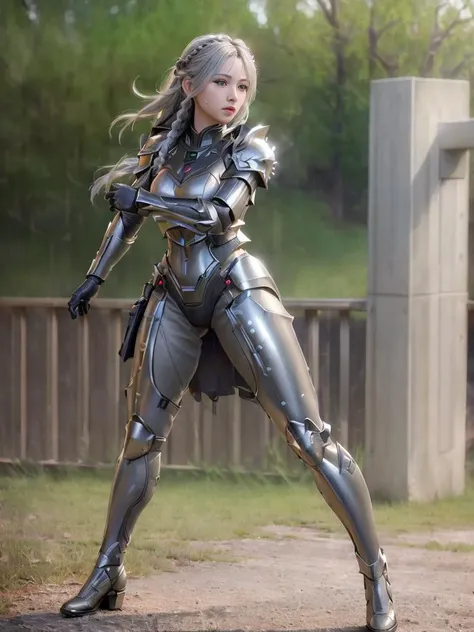 masterpiece, best quality, (photorealistic:1.9), beautiful lighting, (extremely detailed CG unity 4k fhd wallpaper), realistic, High Detail, Sharp focus, outdoors, science fiction,
(((1girl, solo))), 18age, long hair, (grey hair), metal armored dress, braids, full body, hiqcgbody, power armor, fighting stance, fighting, wing hair ornament,