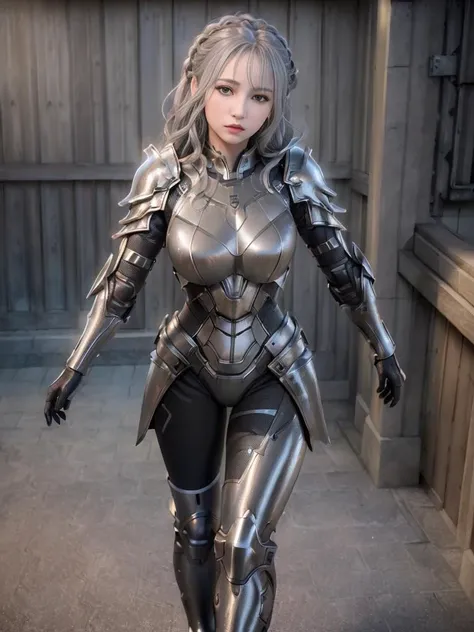 masterpiece, best quality, (photorealistic:1.9), beautiful lighting, (extremely detailed CG unity 4k fhd wallpaper), realistic, High Detail, Sharp focus, dramatic outdoors,
(((1girl, solo))), 14age, long hair, (grey hair), metal armored dress, braids, full body, hiqcgbody, power armor,