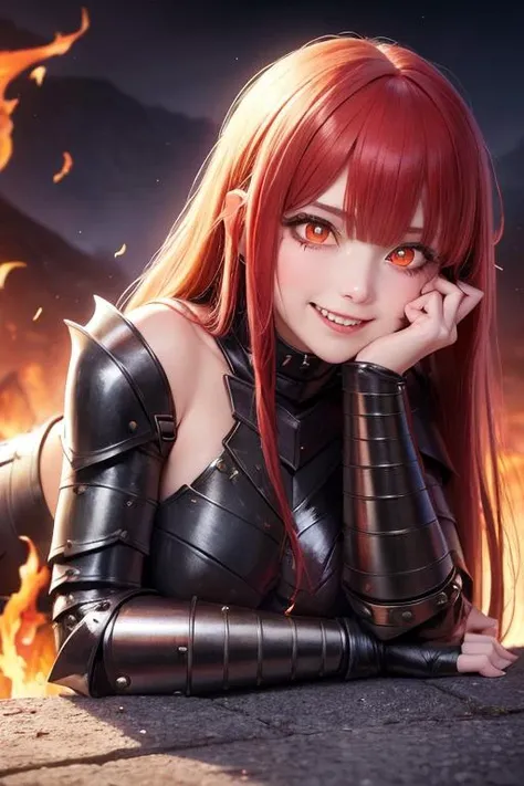 monster_mature_girl, looking down to viewer, ultra detailed face, ((yandere, insane smile, creepy eyes)), sharp teeth, ((full-face blush)), (((wearing old armor))), ((heart-shaped pupils)), red_hair, red_flame_hair, (extra long hair), (((wind blowing))), (((transparent hair))), ((hair over flame)), (((magma drops on body))), ultra detailed fantasy hell environment, ((detailed bright pupils)), ((head rest, leaning forward)), 16k, intridicated, digital art