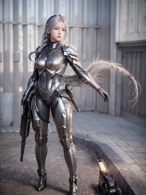 masterpiece, best quality, (photorealistic:1.9), beautiful lighting, (extremely detailed CG unity 4k fhd wallpaper), realistic, High Detail, Sharp focus, outdoors, science fiction,
(((1girl, solo))), 18age, long hair, (grey hair), metal armored dress, braids, full body, hiqcgbody, power armor, fighting stance, fighting, winged helmet,