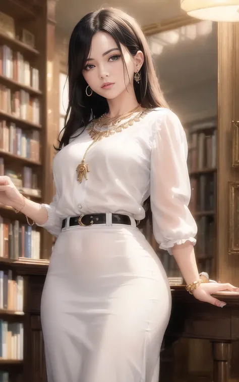 (Masterpiece Painting:1.3) of (Ultrarealistic:1.3), photo of a mid-age woman inside a small bookshop, necklace, intricate modern ivory shirt,  Style-Empire, earrings, bracelets, long white thick hair, ambient warm light, unbuttoned collar, hair-spear