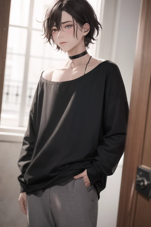 absurdres, masterpiece, full-face blush, glowing eyes, oversized clothes, loose clothes, androgynous, ambiguous gender, solo, collarbone, natural makeup, toned, choker, very short hair, (light smile:0.1), [1boy::0.2], tall, messy hair,