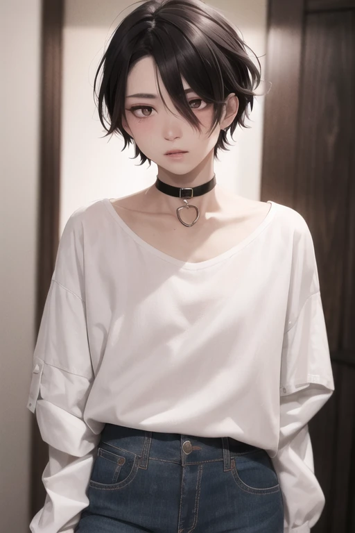 absurdres, masterpiece, full-face blush, glowing eyes, oversized clothes, loose clothes, androgynous, ambiguous gender, solo, collarbone, natural makeup, toned, choker, very short hair, (light smile:0.1), [1boy::0.2], tall, messy hair,