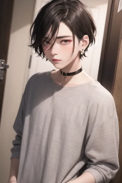 absurdres, masterpiece, full-face blush, glowing eyes, oversized clothes, loose clothes, androgynous, ambiguous gender, solo, collarbone, natural makeup, toned, choker, very short hair, (light smile:0.1), [1boy::0.2], tall, messy hair, earrings,