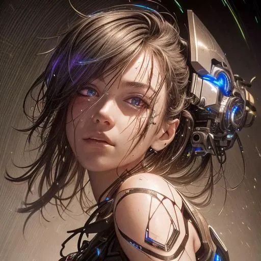 a cyborg robot, lights, scars, refractions, posing, ultradetailed, HD, 8K, highlights, good lighting, the most amazing effect, sci-fi,((art by carne griffiths and sean yoro))