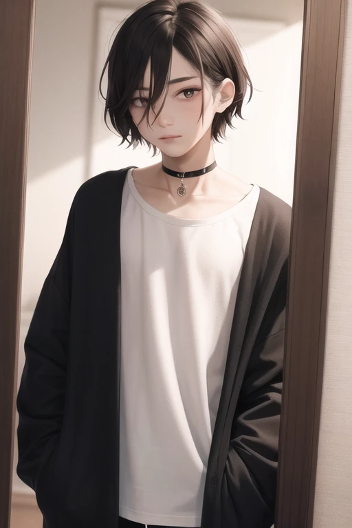 absurdres, masterpiece, full-face blush, glowing eyes, oversized clothes, loose clothes, androgynous, ambiguous gender, solo, collarbone, natural makeup, toned, choker, very short hair, (light smile:0.1), [1boy::0.2], tall,