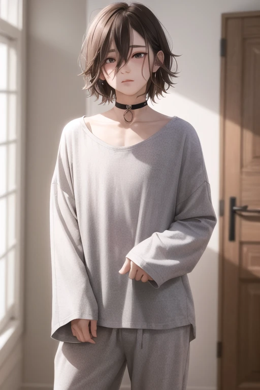 absurdres, masterpiece, full-face blush, glowing eyes, oversized clothes, loose clothes, androgynous, ambiguous gender, solo, collarbone, natural makeup, toned, choker, very short hair, (light smile:0.1), [1boy::0.2], tall, messy hair, pajamas, sleepy,