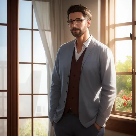 A realistic Digital paint artwrok of a man looking dreamingly at a sunny window, bright light serene expression