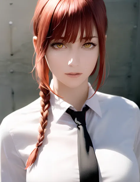 masterpiece, (photorealistic:1.4), best quality, beautiful lighting, , makima \(chainsaw man\), (red hair)+(long braided hair)+(bangs), yellow eyes, golden eyes, (ringed eyes), (white shirt), (necktie), RAW photo, 8k uhd, film grain