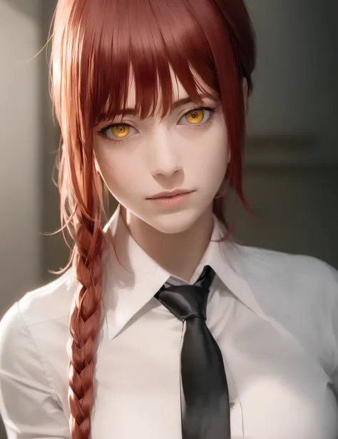 masterpiece, (photorealistic:1.4), best quality, beautiful lighting, , makima \(chainsaw man\), (red hair)+(long braided hair)+(bangs), yellow eyes, golden eyes, (ringed eyes), (white shirt), (necktie), RAW photo, 8k uhd, film grain