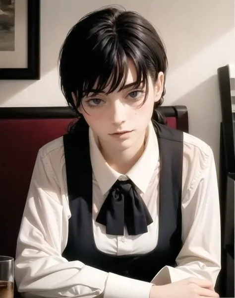 1girl, shirt, looking at viewer, collared shirt, solo, white shirt, black hair, long hair, long sleeves, lips, indoors, blue eyes, realistic, bangs, closed mouth, buttons, hair over shoulder, upper body, pinafore dress, freckles, dress, sunlight, sitting, nose, <lora:zlzzlz_chilloutmix_NiPrunedFp16Fix_75i_29p:0.7> embarassed blushing zlzzlz, standing pose,best quality, masterpiece, illustration, an extremely delicate and beautiful, extremely detailed ,CG ,unity ,8k wallpaper, Amazing, finely detail, masterpiece,best quality,official art, extremely detailed CG unity 8k wallpaper, absurdres, incredibly absurdres, huge filesize, ultra-detailed, highres, extremely detailed, beautiful detailed girl,((detailed face,perfect face)), (extremely detailed eyes),((looking at viewer)),(real person,photograph),cute,1girl,19 yo,(bob cut hair), makeup,(light blue shinny contact lens), (light pink eye shadow),(haunting smile),(moist lips),small breasts,narrow waist,(slim),(white_skin),blush, shy,outdoor, bright light, overexposed, simple clean blurred background, waist up, bust up, upper body:1.3, half body:1.4, in a pub, coffee table, wine, wine bottles, snacks, carpet, floor mat, indoor plants, music player, gramophone, jukebox, plants, chairs, bar stools, paintings, barista outfit, uniform, barista uniform, tie, suit, upper body:1.7, fullbody_photoshoot:0.7, solo girl turns her head to the side, staring at camera,masterpiece, best quality, ultra highres, 8k, RAW photo, (soft focus:1.4),photo realistic,realcumAI ,film grain, (lens distortion:0.7), (chromatic aberration:0.7), intricate,cinematic lighting,cinematic,depth of field, perfect, hyper-detailed, ultra realistic, intricate details, tonemapping,hyper detailed, a character portrait by senior character artist, trending on Artstation,(moody lighting:1.5), (detailed face:1.2), (kawaii:1.2), beautiful face, (((skin imperfections))), purple smart Shorts, red fashionable Handbag, pureerosface_v1:0.01,