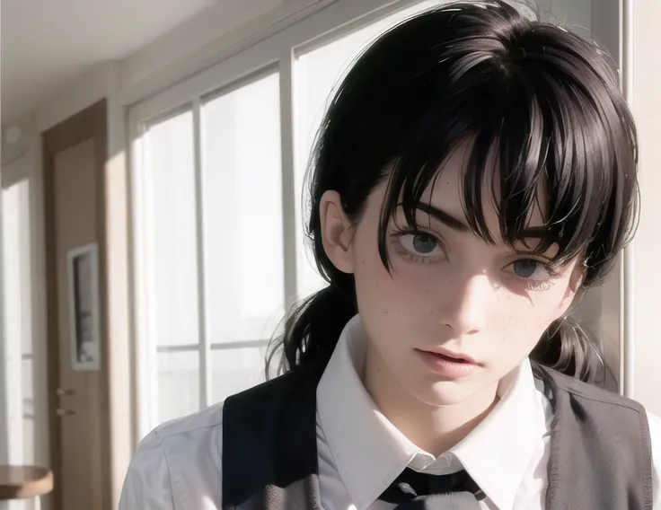 1girl, shirt, looking at viewer, collared shirt, solo, white shirt, black hair, long hair, long sleeves, lips, indoors, blue eyes, realistic, bangs, closed mouth, buttons, hair over shoulder, upper body, pinafore dress, freckles, dress, sunlight, sitting, nose, <lora:zlzzlz_chilloutmix_NiPrunedFp16Fix_75i_29p:0.7> embarassed blushing zlzzlz, standing pose,best quality, masterpiece, illustration, an extremely delicate and beautiful, extremely detailed ,CG ,unity ,8k wallpaper, Amazing, finely detail, masterpiece,best quality,official art, extremely detailed CG unity 8k wallpaper, absurdres, incredibly absurdres, huge filesize, ultra-detailed, highres, extremely detailed, beautiful detailed girl,((detailed face,perfect face)), (extremely detailed eyes),((looking at viewer)),(real person,photograph),cute,1girl,19 yo,(bob cut hair), makeup,(light blue shinny contact lens), (light pink eye shadow),(haunting smile),(moist lips),small breasts,narrow waist,(slim),(white_skin),blush, shy,outdoor, bright light, overexposed, simple clean blurred background, waist up, bust up, upper body:1.3, half body:1.4, in a pub, coffee table, wine, wine bottles, snacks, carpet, floor mat, indoor plants, music player, gramophone, jukebox, plants, chairs, bar stools, paintings, barista outfit, uniform, barista uniform, tie, suit, upper body:1.7, fullbody_photoshoot:0.7, solo girl turns her head to the side, staring at camera,masterpiece, best quality, ultra highres, 8k, RAW photo, (soft focus:1.4),photo realistic,realcumAI ,film grain, (lens distortion:0.7), (chromatic aberration:0.7), intricate,cinematic lighting,cinematic,depth of field, perfect, hyper-detailed, ultra realistic, intricate details, tonemapping,hyper detailed, a character portrait by senior character artist, trending on Artstation,(moody lighting:1.5), (detailed face:1.2), (kawaii:1.2), beautiful face, (((skin imperfections))), purple smart Shorts, red fashionable Handbag, pureerosface_v1:0.01,