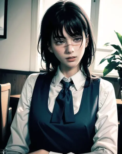 1girl, shirt, looking at viewer, collared shirt, solo, white shirt, black hair, long hair, long sleeves, lips, indoors, blue eyes, realistic, bangs, closed mouth, buttons, hair over shoulder, upper body, pinafore dress, freckles, dress, sunlight, sitting, nose, <lora:zlzzlz_chilloutmix_NiPrunedFp16Fix_75i_29p:0.7> embarassed blushing zlzzlz, standing pose,best quality, masterpiece, illustration, an extremely delicate and beautiful, extremely detailed ,CG ,unity ,8k wallpaper, Amazing, finely detail, masterpiece,best quality,official art, extremely detailed CG unity 8k wallpaper, absurdres, incredibly absurdres, huge filesize, ultra-detailed, highres, extremely detailed, beautiful detailed girl,((detailed face,perfect face)), (extremely detailed eyes),((looking at viewer)),(real person,photograph),cute,1girl,19 yo,(bob cut hair), makeup,(light blue shinny contact lens), (light pink eye shadow),(haunting smile),(moist lips),small breasts,narrow waist,(slim),(white_skin),blush, shy,outdoor, bright light, overexposed, simple clean blurred background, waist up, bust up, upper body:1.3, half body:1.4, in a pub, coffee table, wine, wine bottles, snacks, carpet, floor mat, indoor plants, music player, gramophone, jukebox, plants, chairs, bar stools, paintings, barista outfit, uniform, barista uniform, tie, suit, upper body:1.7, fullbody_photoshoot:0.7, solo girl turns her head to the side, staring at camera,masterpiece, best quality, ultra highres, 8k, RAW photo, (soft focus:1.4),photo realistic,realcumAI ,film grain, (lens distortion:0.7), (chromatic aberration:0.7), intricate,cinematic lighting,cinematic,depth of field, perfect, hyper-detailed, ultra realistic, intricate details, tonemapping,hyper detailed, a character portrait by senior character artist, trending on Artstation,(moody lighting:1.5), (detailed face:1.2), (kawaii:1.2), beautiful face, (((skin imperfections))), purple smart Shorts, red fashionable Handbag, pureerosface_v1:0.01,