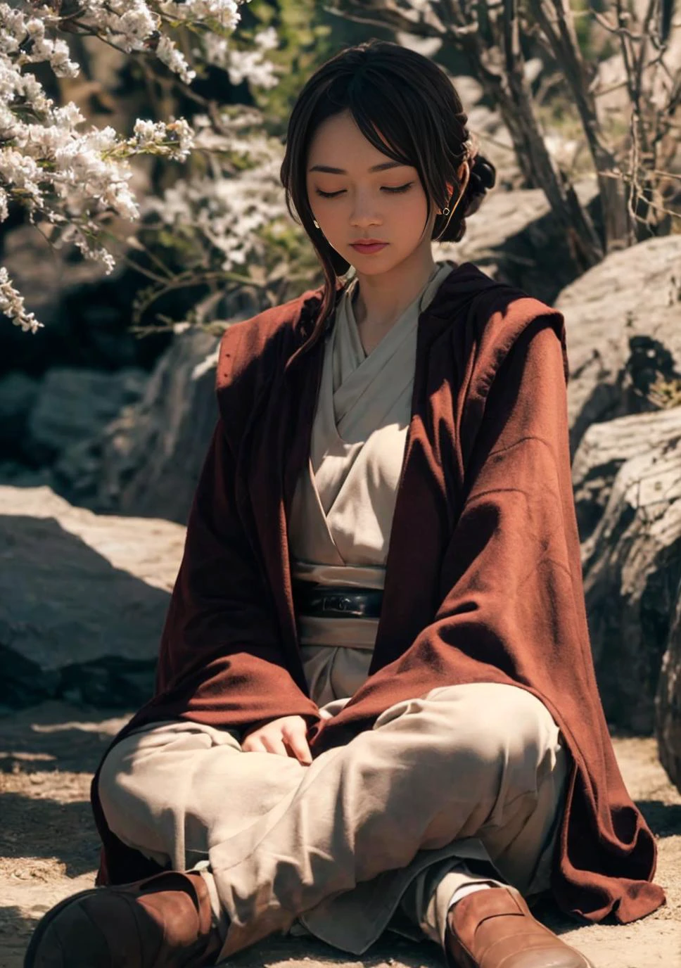 (Jedi meditation:1.3), serene photo,1girl, Jedi master in deep meditation, in jedioutfit, sitting cross-legged, (desert oasis:1.1), surrounded by blooming desert flowers, harmonizing with the Force, spiritual retreat, transcendent tranquility, desert enlightenment, Absurdres, hdr, ultra detailed illustration, extremely detailed face, RAW photo, film grain, skin pores, trending on deviantart <lora:jedioutfit:1> <lora:epiNoiseoffset_v2:1>