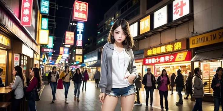 Original Character, Volumetric Lighting, Best Shadows, Shallow Depth of Field, Portrait Of Stunningly Beautiful Girl, Petite, full body,Delicate Beautiful Attractive Face With Alluring Yellow Eyes, Sharp Eyebrows, Expressionless, Blowing Bubble-Gum, Lovely Small Breasts, Layered Long Grey Streaks Hair, Blush Eyeshadow, Thick Eyelashes, Zipper hoodie Jacket, Wide Sleeve, Short Shorts, Hands In Pocket, Standing On Near Crowded Food Street In Night City, Neon Light Signboards, Food Court Outdoor, String Lights, (Highest Quality, Amazing Details:1.25), (Solo:1.3), Brilliant Colorful Paintings <lora:Ghibli_v4:0.5>