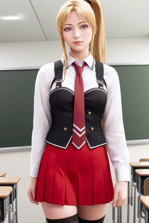 masterpiece, best quality, highres, 1girl kaori saeki parted bangs high ponytail, school uniform spaghetti strap black vest red necktie red skirt black thighhighs <lora:kaori_saeki:1> (photorealistic:1.2) classroom