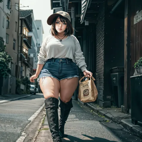 anime, illustrated, cartoon, thick, thick thighs, 1girl, solo, long shirt, (wide hips), short hair, hat, knee high boots, city streets, seductively drinking from a straw, key chain, jeans, (best quality), (masterpiece:1.2), 4k ,(ultra detailed:1.2)