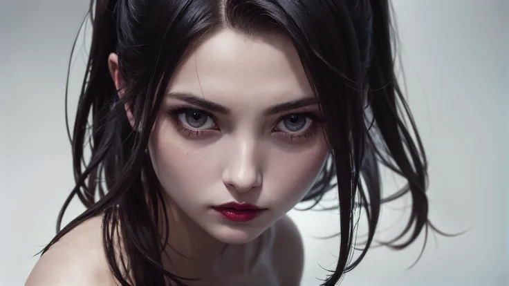 (masterpeice), 1girl, head portrait, fantasy, evil look, crowded fight club with many spectators, suckerpunch girl, very skinny slender athletic body, evil look, (small breasts:1.2), leather bikini, (looking at viewer:1.1), (high gloss skin:1.2), badass girl, tattoo