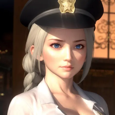 <lora:DOA5LRPhase4Police:1>DOA5 LR , Phase 4, Police, cleavage, Midriffs, black Police peaked cap, White Police Top, front-tie top, white hair, single braid , Blue eyes, Black High-waist shorts, red belt, Black fingerless gloves, black Calf boots,(masterpiece:1.4), photorealistic, best quality, beautiful lighting, real life, 1girl, natural makeup, ultra detailed face, ultra detailed eyes, intricate, high detail, sharp focus, dramatic, beautiful girl, (RAW photo, 8k uhd, film grain), caustics, subsurface scattering, reflections, (close up:1.2)