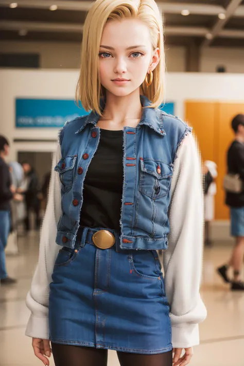 masterpiece, (photorealistic:1.4), best quality, beautiful lighting,Android18DB, solo, earrings, jewelry, looking_at_viewer, jacket, denim, smile, shirt, belt, denim_jacket, skirt, pantyhose, denim_skirt, RAW photo, 8k uhd, film grain, <lora:Android18DB:1>