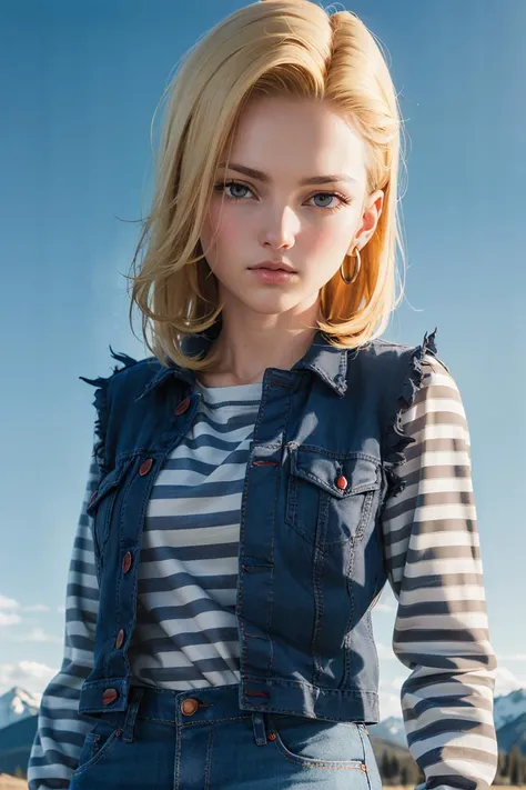 masterpiece, (photorealistic:1.4), best quality, beautiful lighting,Android18DB, solo, earrings, jewelry, looking_at_viewer, jacket, denim, shirt, upper_body, vest, denim_jacket, cloud, sky, black_shirt, closed_mouth, day, blue_sky, outdoors, torn_clothes, striped, striped_sleeves, mountain, RAW photo, 8k uhd, film grain, <lora:Android18DB:1>