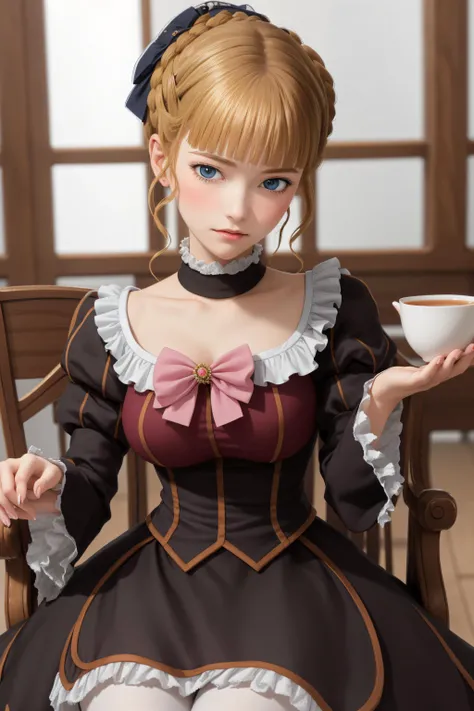 beatrice \(umineko\), 1girl,((beatrice2)),standing,
((masterpiece)), (best quality), (detailed),polka dot bow, pov,full face blush, sitting_on_throne, expressionless, full body, looking at viewer, blue eyes, dignified, tea, cup,