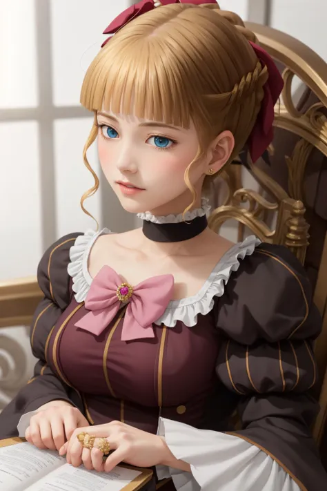 beatrice \(umineko\), 1girl,((beatrice2)),standing,
((masterpiece)), (best quality), (detailed),polka dot bow, pov,full face blush, sitting_on_throne, expressionless, far shot