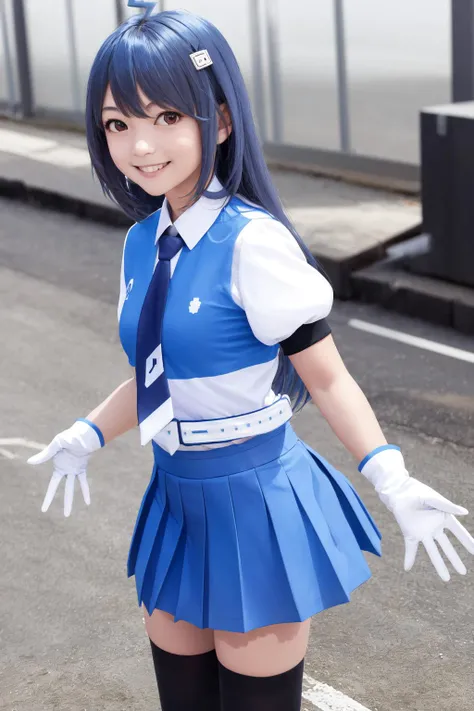 masterpiece, best quality, highres, 1girl 22 ahoge hair ornament, blue necktie white shirt white gloves blue skirt black thighhighs <lora:22:1> standing, smile, (photorealistic:1.0) blue hair