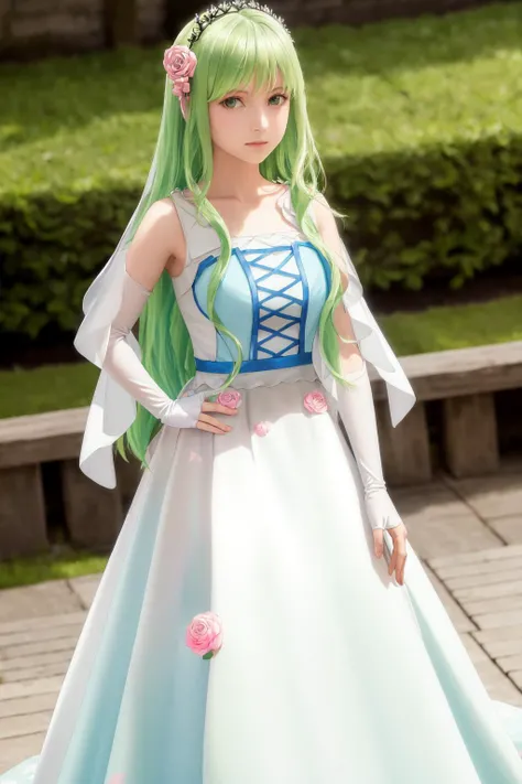 masterpiece, best quality, highres, 1girl dryas green hair pink hair flower tiara, white and blue dress sleeveless dress white elbow gloves white frills <lora:dryas:1> standing, hand on hip, looking at viewer, (photorealistic:1.4)