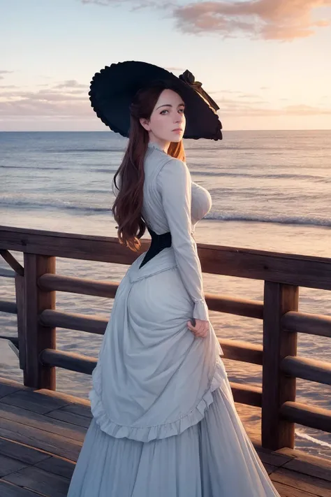 a beautiful victorian woman standing on a pier. looking out wistfully over the sea. wide-brimmed hat. low clouds, sunset. high dynamic range.