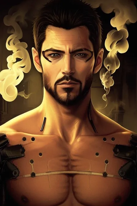 (masterpiece, top quality, best quality, official art, beautiful, detailed, aesthetic:1.2), <lora:adam_jensen-20:0.7>, jensen_dx, solo, black hair, 1boy, beard, smoke, cigarette, smoking, mature male, cyborg, Absurdres, hdr, ultra detailed illustration, extremely detailed face, RAW photo, skin pores, trending on deviantart,