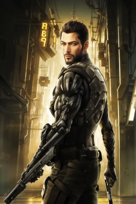 (masterpiece, top quality, best quality, official art, beautiful, detailed, aesthetic:1.2), <lora:adam_jensen-20:0.7>jensen_dx, solo, looking at viewer, short hair, black hair, 1boy, holding, weapon, holding weapon, gun, holding gun, beard, science fiction, cyborg, cyberpunk, realistic, Absurdres, hdr, ultra detailed illustration, extremely detailed face, RAW photo, skin pores, trending on deviantart,