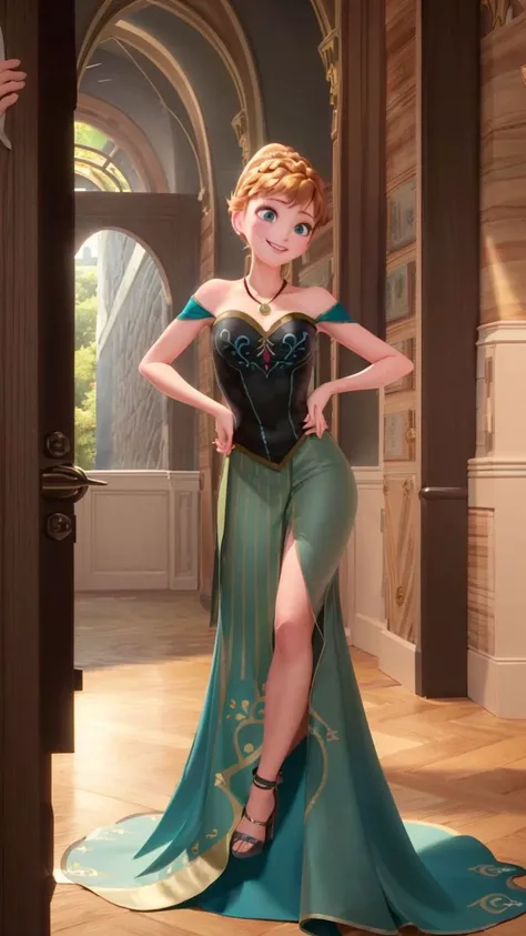 (masterpiece:1.4),(best qualit:1.4),(high resolution:1.4),anna of arendelle,bare shoulder,black bodice,green skirt,necklace,updo,indoors,ballroom,looking at viewer,smile,<lora:anna_of_arendelle_v21:1>,