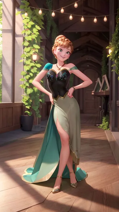 (masterpiece:1.4),(best qualit:1.4),(high resolution:1.4),anna of arendelle,bare shoulder,black bodice,green skirt,necklace,updo,indoors,ballroom,looking at viewer,smile,<lora:anna_of_arendelle_v21:1>,