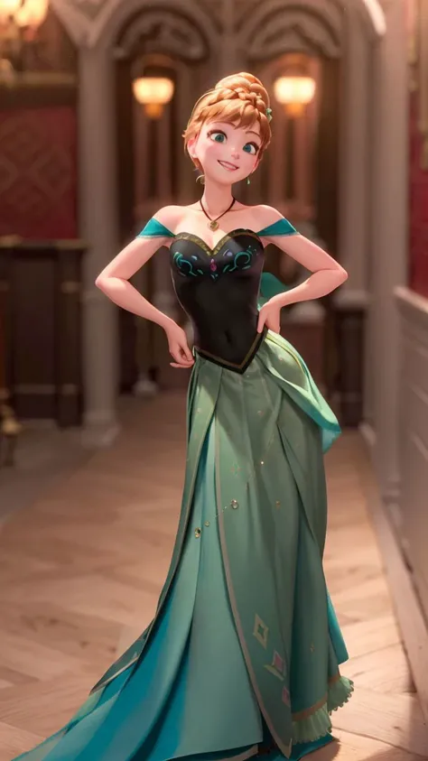 (masterpiece:1.4),(best qualit:1.4),(high resolution:1.4),anna of arendelle,bare shoulder,black bodice,green skirt,necklace,updo,indoors,ballroom,looking at viewer,smile,<lora:anna_of_arendelle_v21:1>,