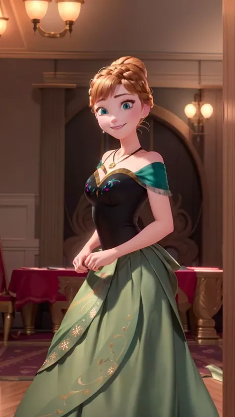 (masterpiece:1.4),(best qualit:1.4),(high resolution:1.4),anna of arendelle,bare shoulder,black bodice,green skirt,necklace,updo,indoors,ballroom,looking at viewer,smile,<lora:anna_of_arendelle_v21:1>,