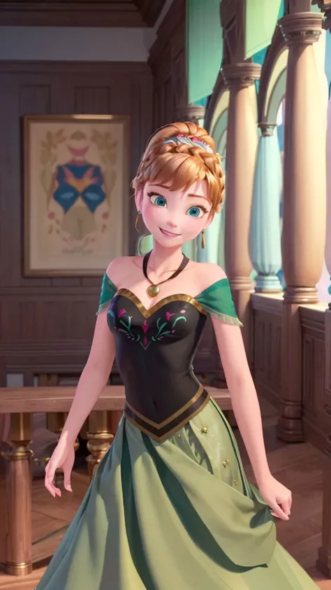 (masterpiece:1.4),(best qualit:1.4),(high resolution:1.4),anna of arendelle,bare shoulder,black bodice,green skirt,necklace,updo,indoors,ballroom,looking at viewer,smile,<lora:anna_of_arendelle_v21:1>,