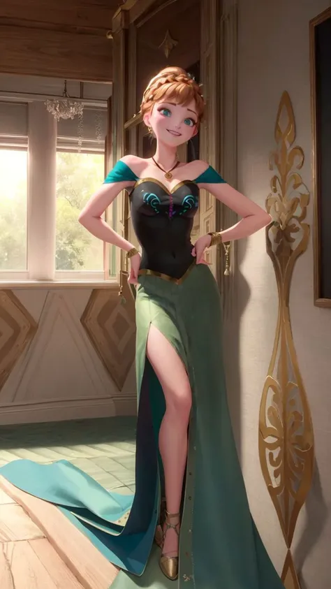 (masterpiece:1.4),(best qualit:1.4),(high resolution:1.4),anna of arendelle,bare shoulder,black bodice,green skirt,necklace,updo,indoors,ballroom,looking at viewer,smile,<lora:anna_of_arendelle_v21:1>,