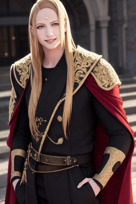 masterpiece, best quality, highres, 1boy zenos, red cape shoulder armor black coat <lora:zenos:1> upper body, smile, hands in pockets, (photorealistic:1.2)