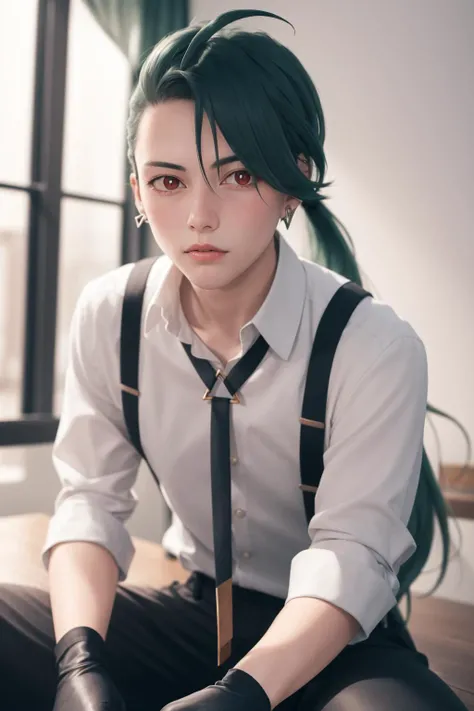 absurdres, best quality, 1girl, solo, eye focus, looking at viewer, <lora:pokemon_rika:1>, rika, ahoge, ponytail, bright pupils, white pupils, grey collared shirt, necktie, suspenders, black pants, gloves, earrings, green hair, red eyes, bright pupils, collarbone