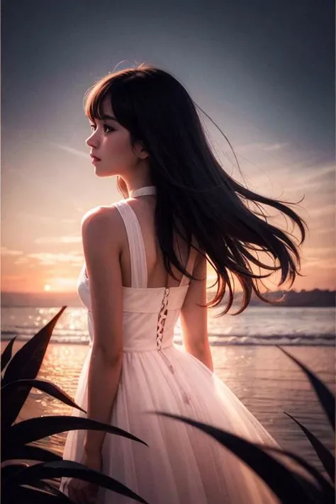 Create a dreamy retro artwork inspired by The never ending story .' Incorporate the following elements: retrowave vibes (retro:0.8), dreamy atmosphere ,surreal,(ethereal:0.9), a retro girl silhouette:1.2, looking over shoulder, from behind, evening sunset reds, pink, and orange,(sunny and clear on one side stormy and dark on other half of picture), (mysterious:0.9, silhouette:0.85, sleek:0.8, pose:0.75, long hair:0.7), soft color palette (pastel:0.900, muted tones:0.8, subtle shades:0.8, calming:0.75, gentle:0.7), and analog film texture (grainy:0.9, film strip:0.6, light leaks:0.8, retro aesthetic:0.75, vintage vibe:0.7). Let the artwork evoke a sense of nostalgia and serenity