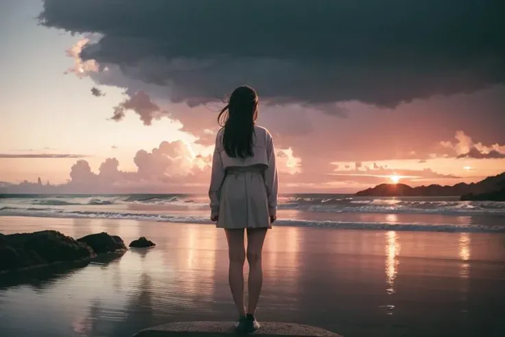 Create a dreamy retro artwork,  Incorporate the following elements: retrowave vibes (retro:0.8), dreamy atmosphere ,surreal,(ethereal:0.9), a retro girl silhouette:1.2, looking over shoulder, from behind, evening sunset reds, pink, and orange,(split sunny and clear on one side storm clouds dark rain on other half of picture:1.3), (1 girl, korean, hat blown off, windy, wind in hair, jeju island,mysterious:0.9, silhouette:0.85, sleek:0.8, pose:0.75, long hair:0.7), soft color palette (pastel:0.900, muted tones:0.8, subtle shades:0.8, calming:0.75, gentle:0.7), and analog film texture (grainy:0.9, film strip:0.6, light leaks:0.8, retro aesthetic:0.75, vintage vibe:0.7). Let the artwork evoke a sense of nostalgia and serenity