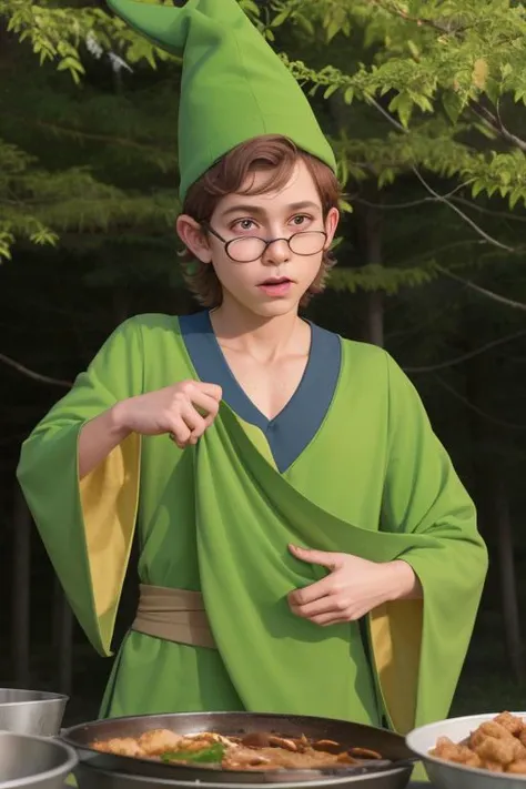 professional photo of presto, 1boy, green hat, cone hat, green robe, dark green chemise, round glasses, black glasses, detailed skin, detailed eyes, bouncer, photo made with Canon EOS in naturalistic style photography, forest background, popular on artstation, popular on deviantart, popular on flicker <lora:presto_dnd_V1:1:MIDD>